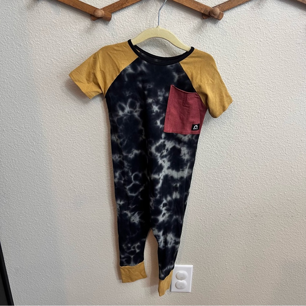 RAGS Tie-Dye Black & White Romper with Mustard Sleeves and Burgundy Pocket 2T
